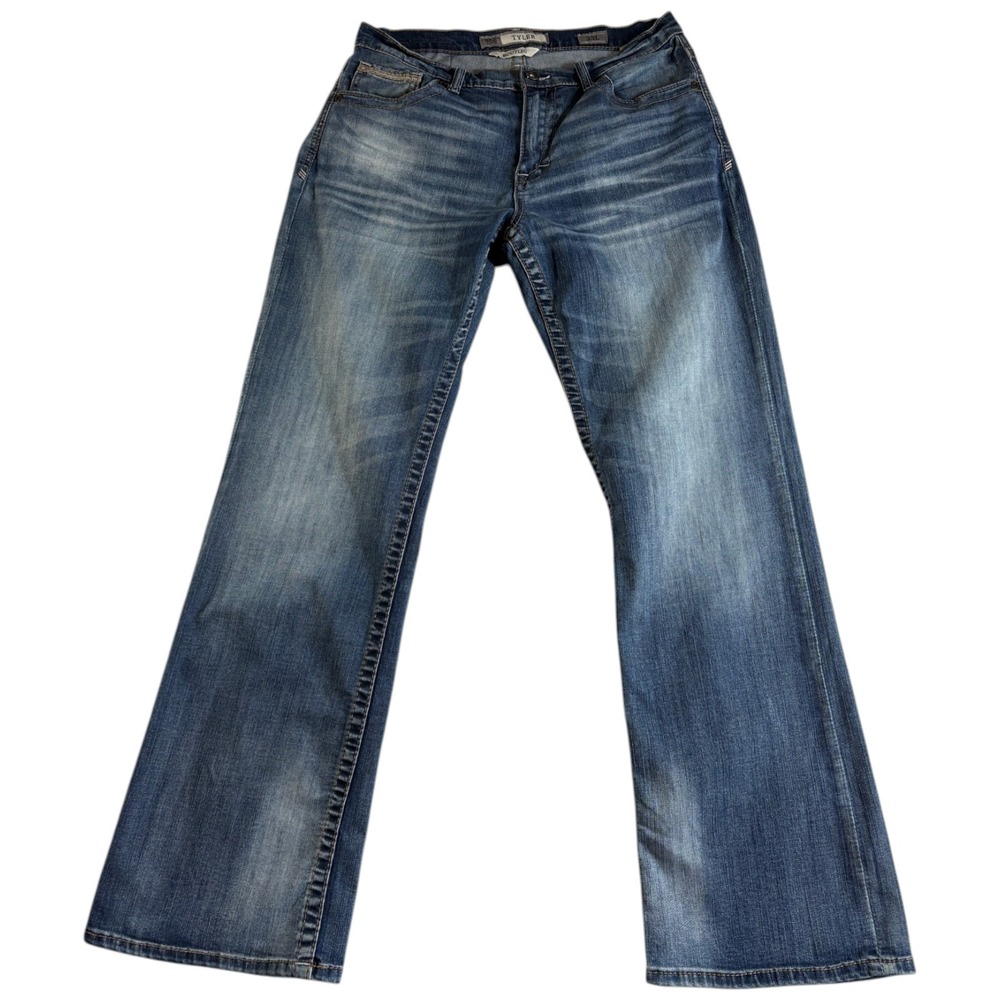 Buckle BKE Tyler Bootcut Jeans Mens 33L (34x32.5) Blue Whiskering Denim Cotton
